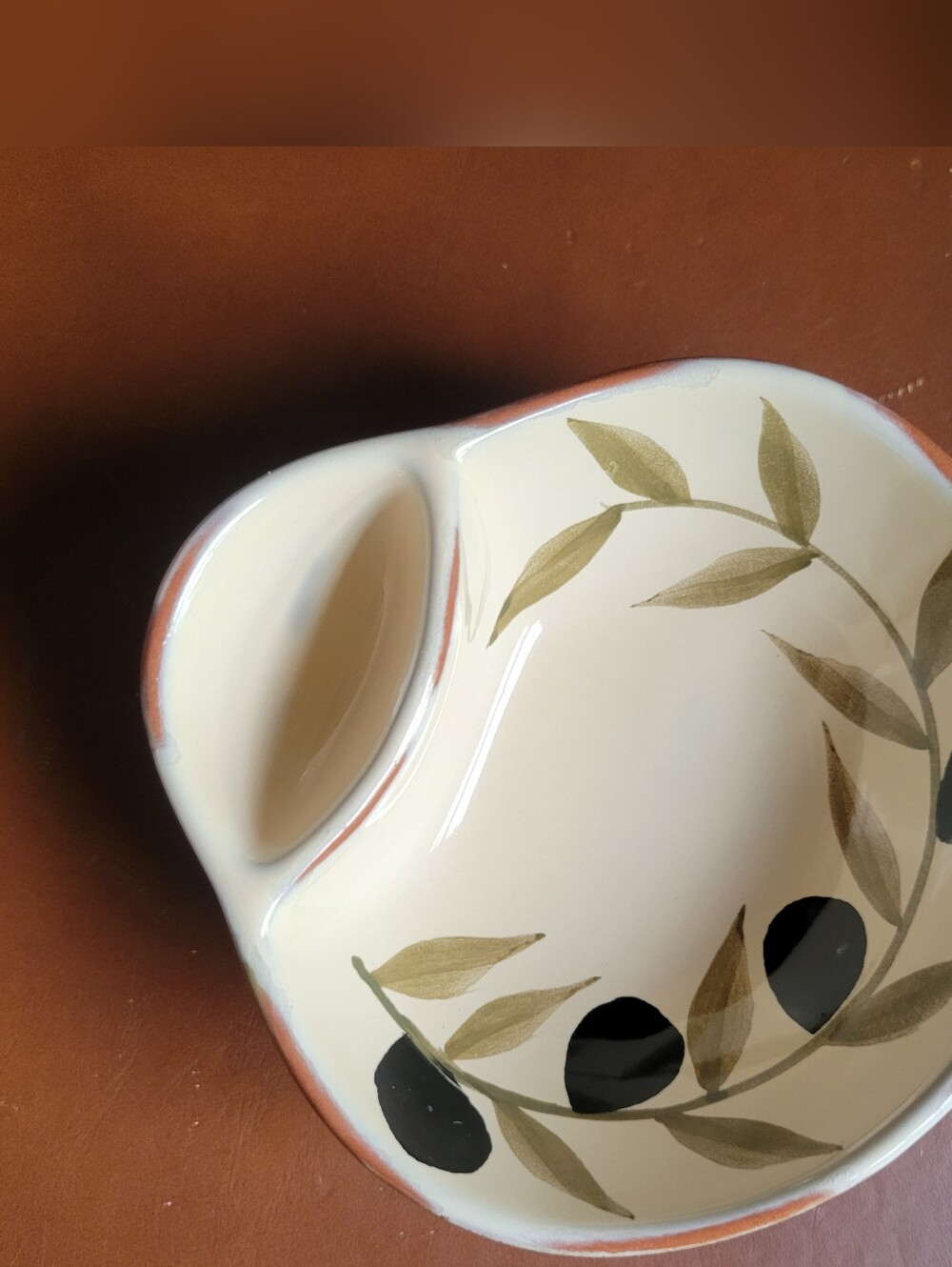 Olive Bowl Pottery Black Olives Green Branches 2 Compartment